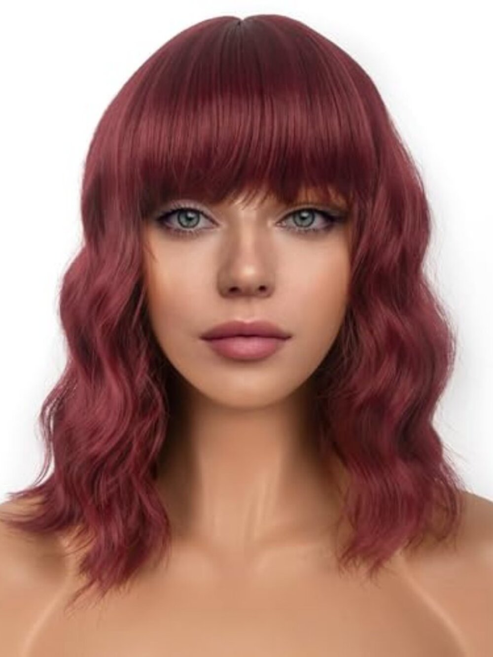 Short Bob Wigs with Bangs for Women Loose Wavy Wig Curly Wavy Shoulder Length
